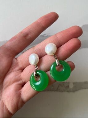 Genuine Pearl and Green Jade Drop Earrings